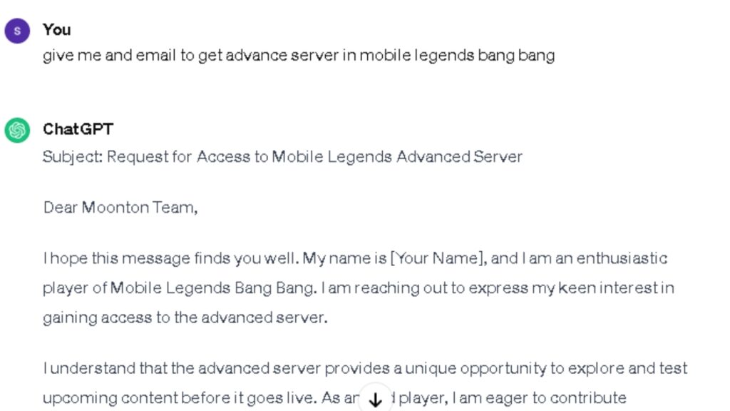 advanced server mobile legends chat gpt